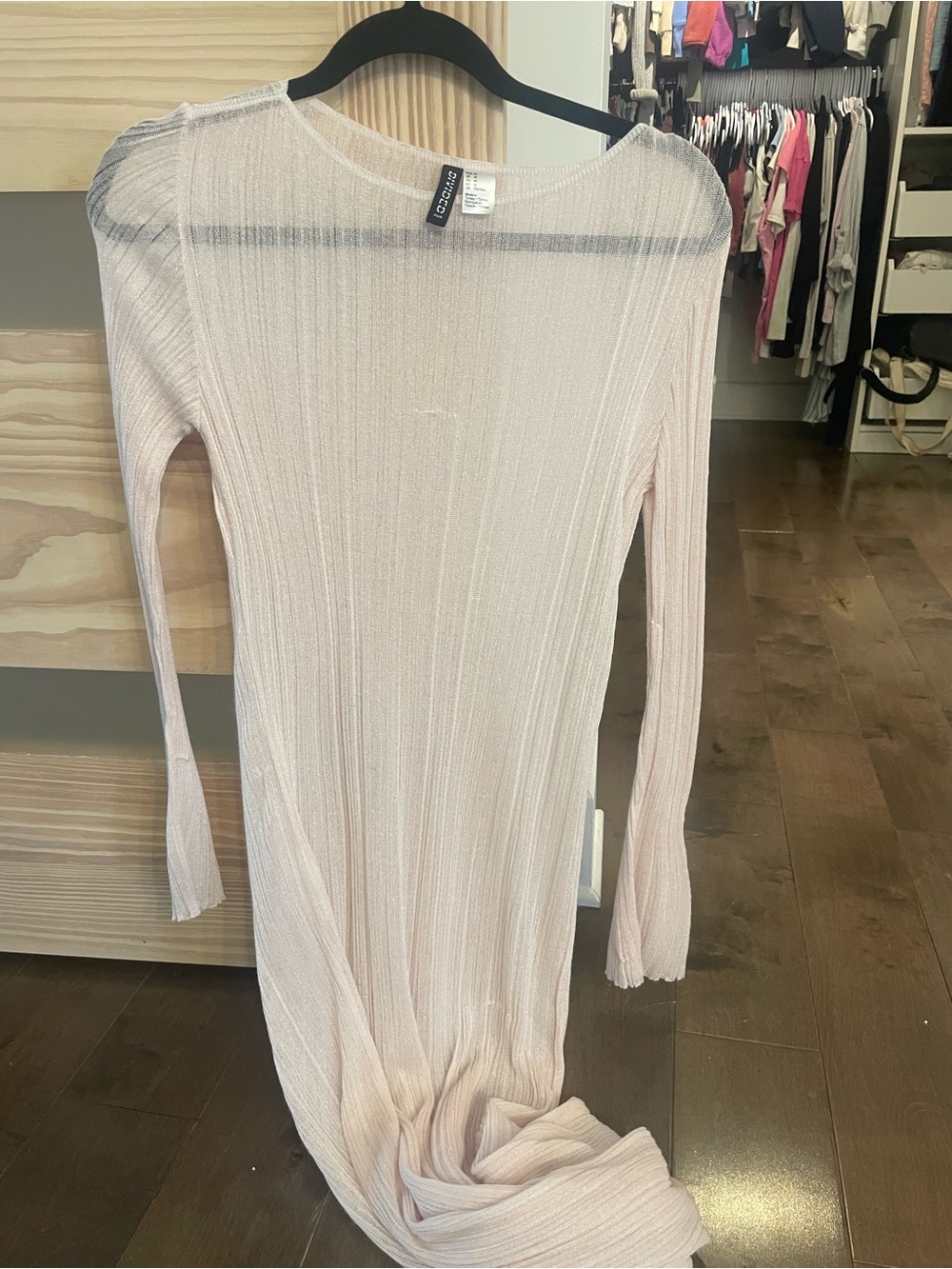 Blush Pink Ribbed Long-Sleeve Women's Cover-up Dress - medium